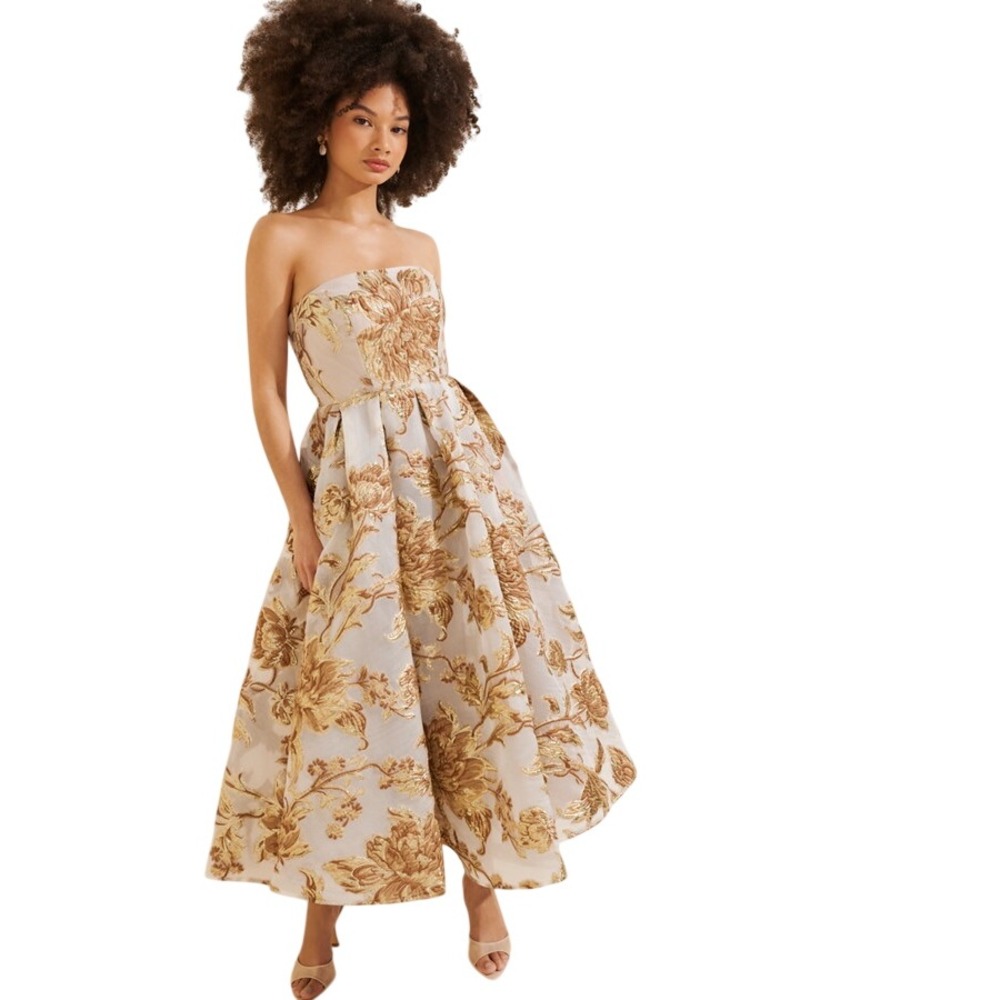 Mac Duggal Petite Strapless Metallic Floral Brocade Midi Dress Gold Size 8
